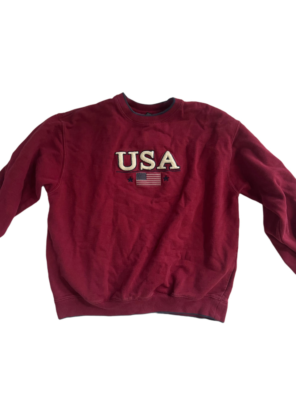 VINTAGE MAROON CROFT & BARROW EMBROIDERED USA AMERICAN FLAG SWEATER