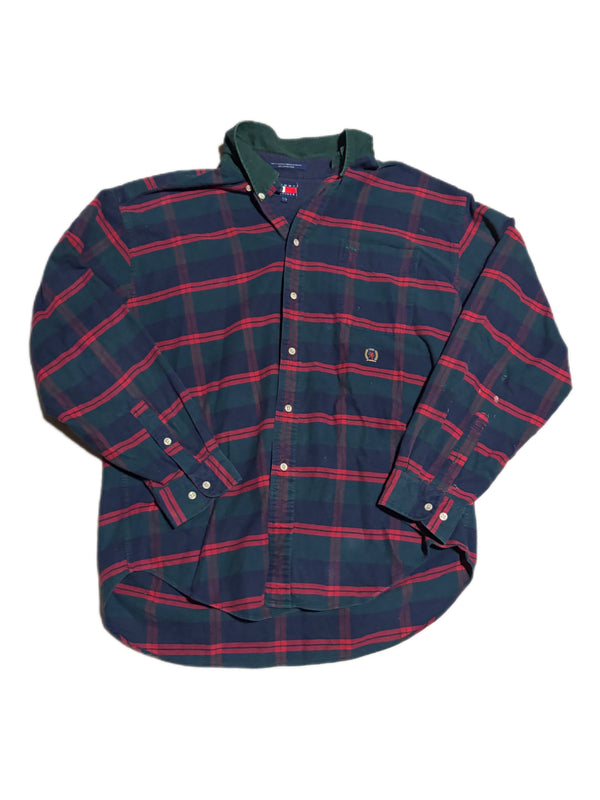 VINTAGE 90'S TOMMY HILFIGER PLAID FLANNEL BUTTON DOWN CREST LOGO LONG SLEEVE SHIRT