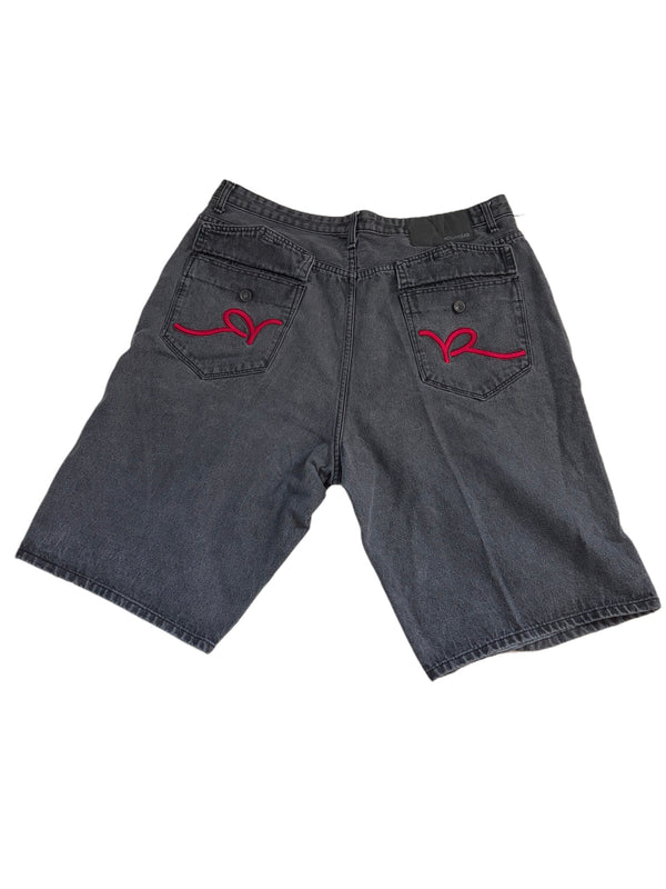 VINTAGE ROCAWEAR BLACK BAGGY DENIM EMBROIDERED SHORTS RED FLAP